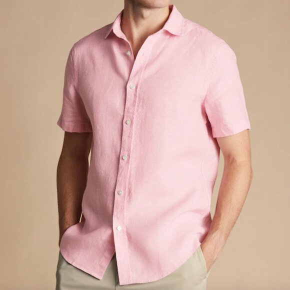 NWT Charles Tyrwhitt Pink Classic Fit Plain Short Sleeve Pure 100% Linen Shirt - Picture 1 of 5
